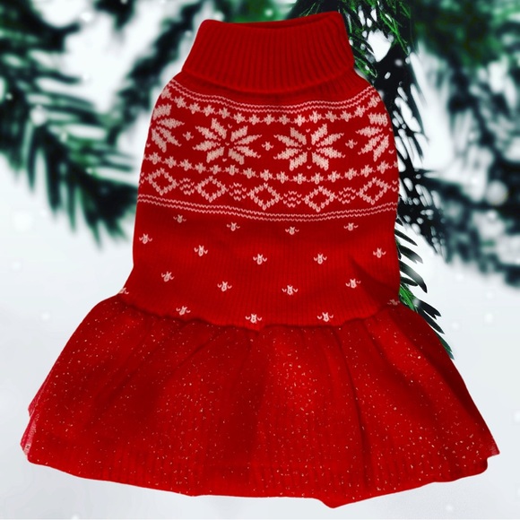 JVVGPET Christmas Sweater Dress for Dogs, Red and White Snowflake Pattern, Sz XS - Picture 2 of 7